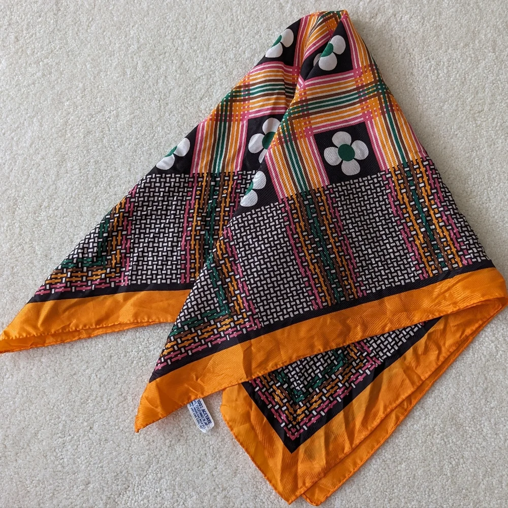 Vintage scarf Mod basket weave flowers orange brown Fall pink green